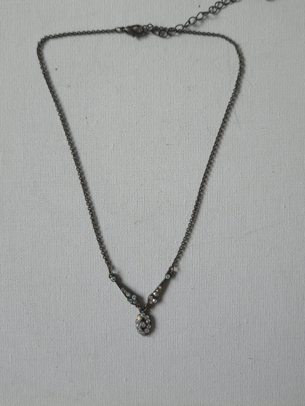 Vintage Style Antique Brass Aurora Borealis Rhinestone Y-Drop Necklace